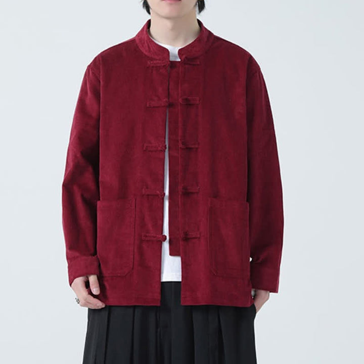 Buddha Stones Fall Winter Casual Tang Style Frog Button Solid Corduroy Men's Jacket With Pockets - image 17