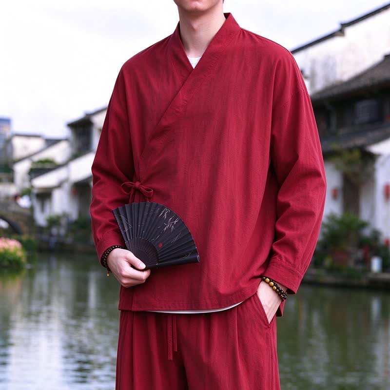 Buddha Stones Spring Fall Tang Style Meditation Drawstring Solid Cotton Linen Men's Kimono - FireBrick - US/UK/AU46，EU56 (5XL) - image 13