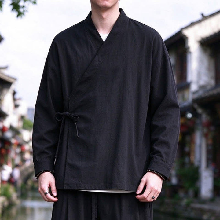 Buddha Stones Spring Fall Tang Style Meditation Drawstring Solid Cotton Linen Men's Kimono - image 11