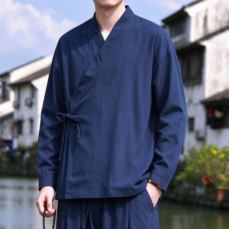Buddha Stones Spring Fall Tang Style Meditation Drawstring Solid Cotton Linen Men's Kimono - image 2
