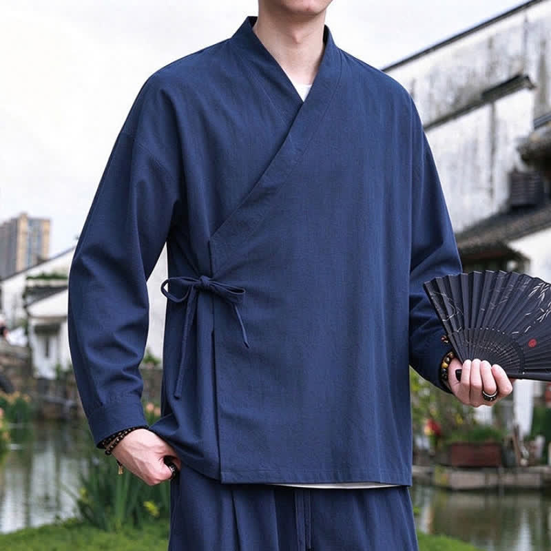 Buddha Stones Spring Fall Tang Style Meditation Drawstring Solid Cotton Linen Men's Kimono - image 5