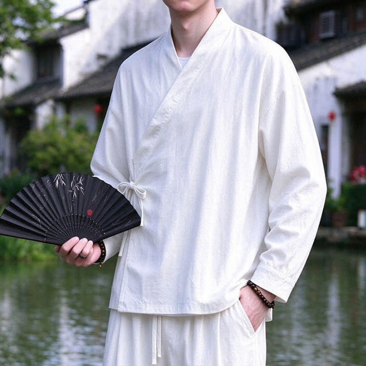 Buddha Stones Spring Fall Tang Style Meditation Drawstring Solid Cotton Linen Men's Kimono - image 21