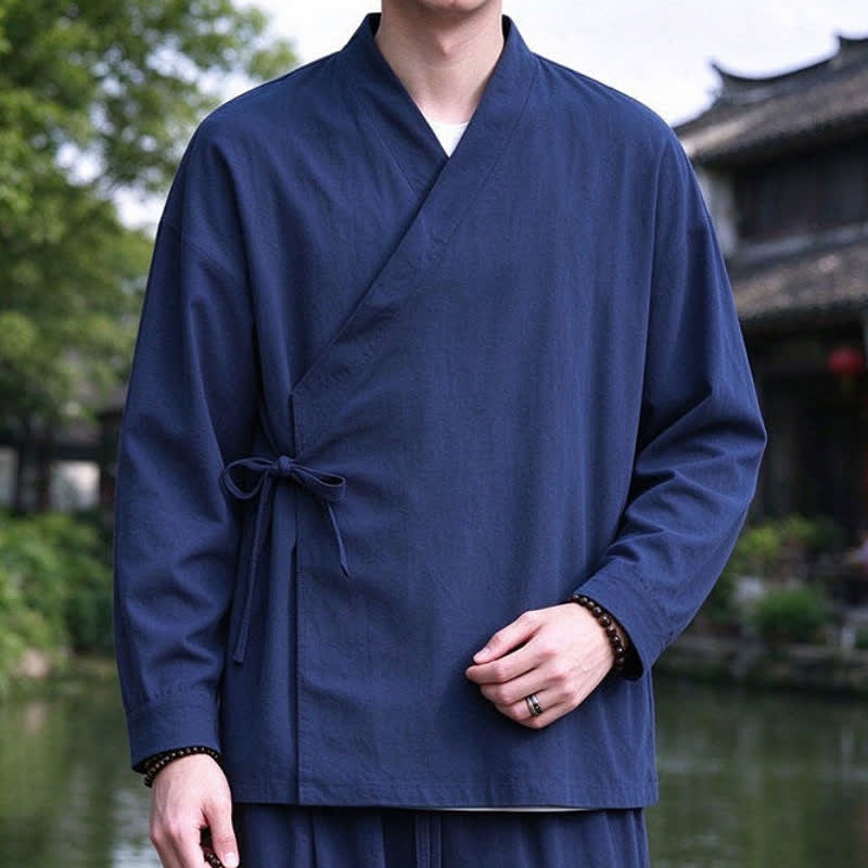 Buddha Stones Spring Fall Tang Style Meditation Drawstring Solid Cotton Linen Men's Kimono - image 6