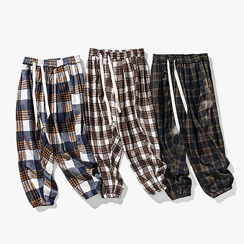 Buddha Stones Fall Winter Casual Drawstring Plaid Ankle Pants Men's Harem Pants With Pockets - image 30