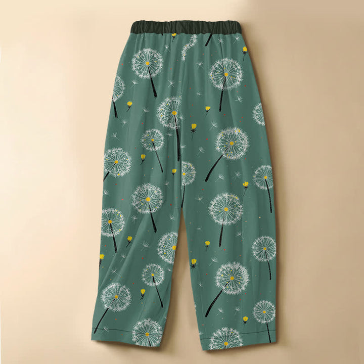 Buddha Stones Pure Cotton Dandelion Bloom Pattern Frog Button Women's Elastic Waist Harem Pants With Pockets - image 6