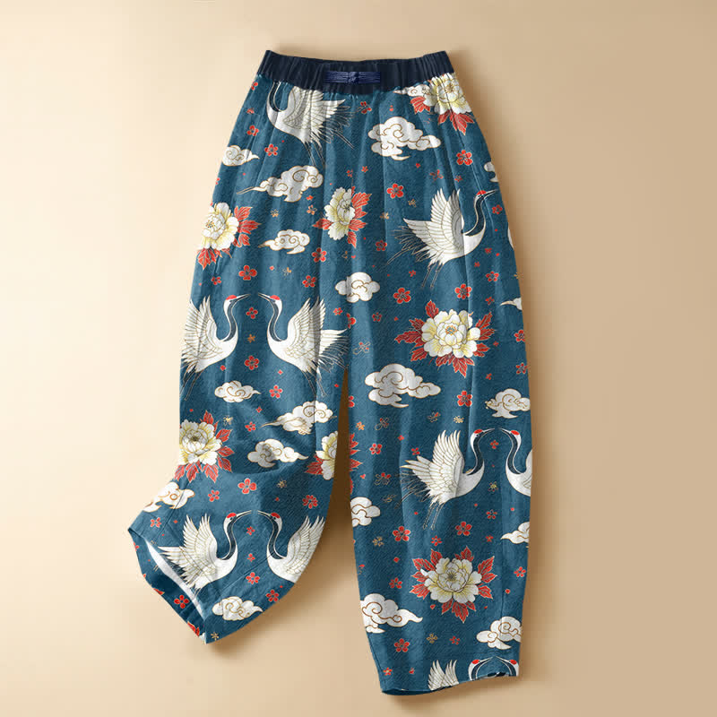 Buddha Stones Pure Cotton Classic Crane Peony Pattern Frog Button Women's Elastic Waist Harem Pants With Pockets - SteelBlue - US16，UK/AU20，EU48 (3XL) - image 0