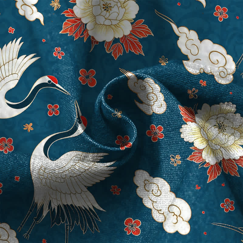 Buddha Stones Pure Cotton Classic Crane Peony Pattern Frog Button Women's Elastic Waist Harem Pants With Pockets - image 4