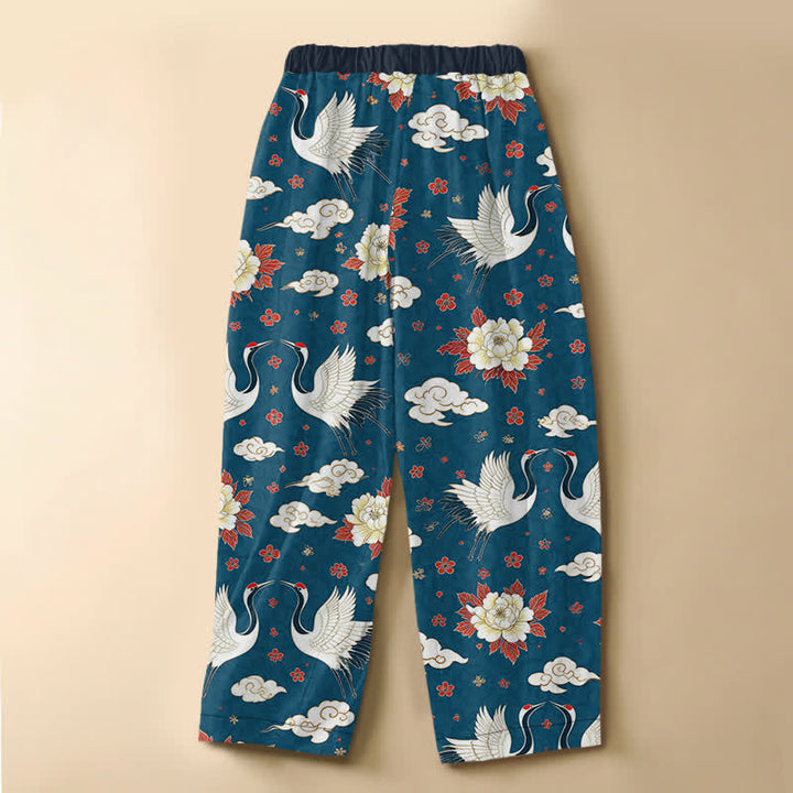 Buddha Stones Pure Cotton Classic Crane Peony Pattern Frog Button Women's Elastic Waist Harem Pants With Pockets - image 1