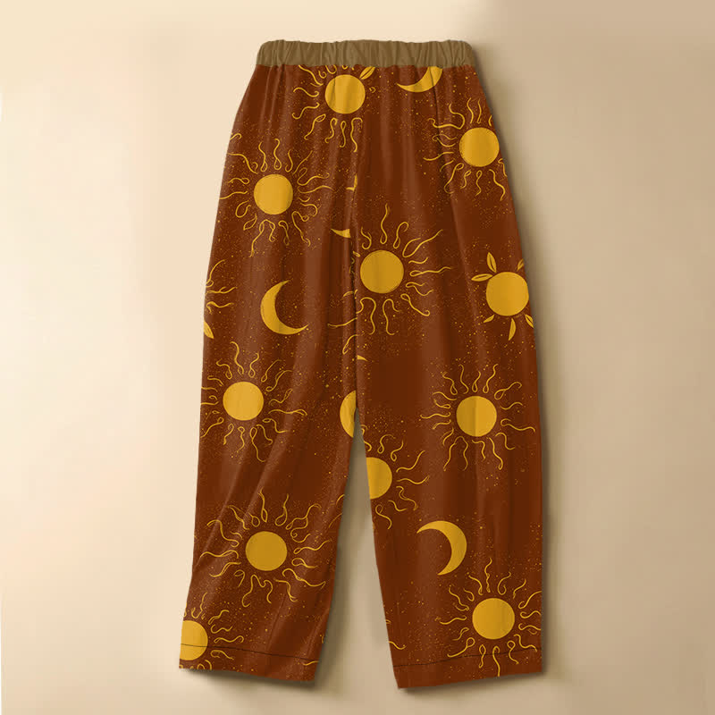 Buddha Stones Pure Cotton Celestial Sun Moon Pattern Frog Button Women's Elastic Waist Harem Pants With Pockets - image 1