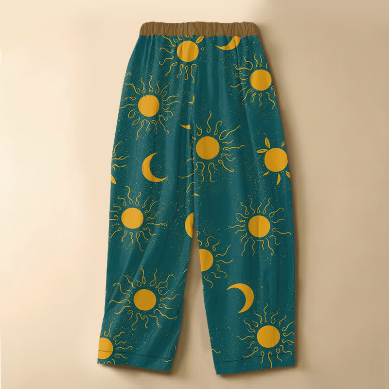 Buddha Stones Pure Cotton Celestial Sun Moon Pattern Frog Button Women's Elastic Waist Harem Pants With Pockets - image 6