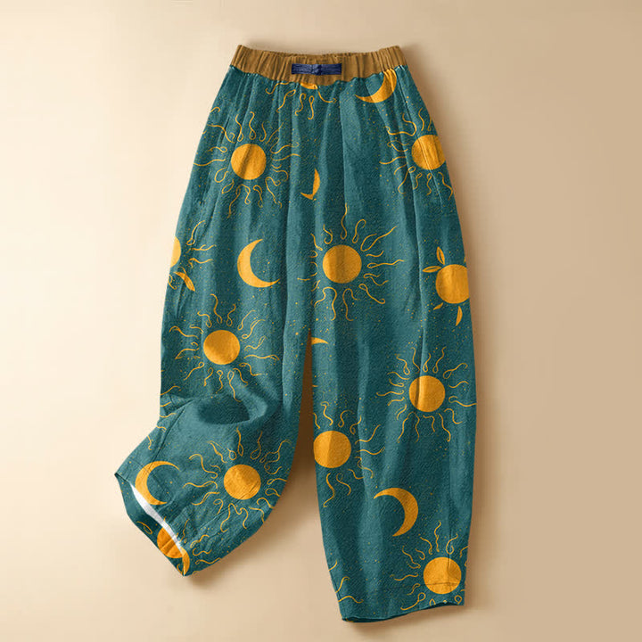 Buddha Stones Pure Cotton Celestial Sun Moon Pattern Frog Button Women's Elastic Waist Harem Pants With Pockets - Teal - US16，UK/AU20，EU48 (3XL) - image 5