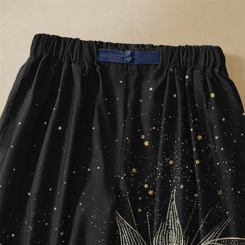 Buddha Stones Pure Cotton Celestial Sun Moon Starry Sky Pattern Frog Button Women's Elastic Waist Harem Pants With Pockets - image 2