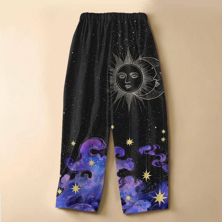 Buddha Stones Pure Cotton Celestial Sun Moon Starry Sky Pattern Frog Button Women's Elastic Waist Harem Pants With Pockets - image 1