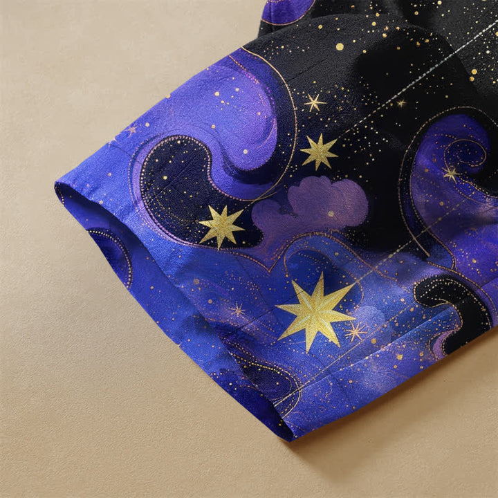 Buddha Stones Pure Cotton Celestial Sun Moon Starry Sky Pattern Frog Button Women's Elastic Waist Harem Pants With Pockets - image 3