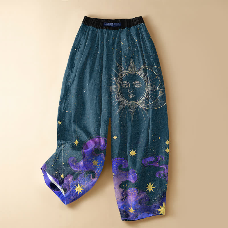 Buddha Stones Pure Cotton Celestial Sun Moon Starry Sky Pattern Frog Button Women's Elastic Waist Harem Pants With Pockets - Teal - US16，UK/AU20，EU48 (3XL) - image 5