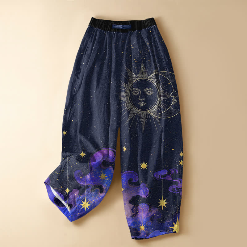 Buddha Stones Pure Cotton Celestial Sun Moon Starry Sky Pattern Frog Button Women's Elastic Waist Harem Pants With Pockets - MidnightBlue - US16，UK/AU20，EU48 (3XL) - image 7