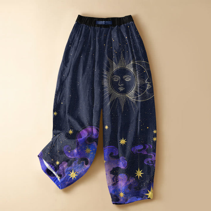 Buddha Stones Pure Cotton Celestial Sun Moon Starry Sky Pattern Frog Button Women's Elastic Waist Harem Pants With Pockets - MidnightBlue - US16，UK/AU20，EU48 (3XL) - image 7
