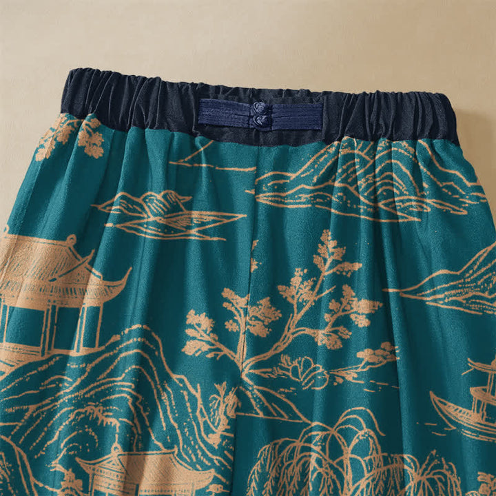 Buddha Stones Pure Cotton Vintage Landscape Pavilion Pattern Frog Button Women's Elastic Waist Harem Pants With Pockets - image 2