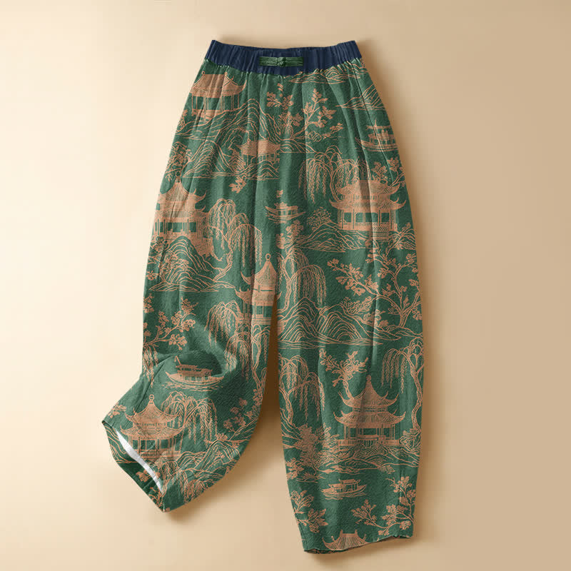 Buddha Stones Pure Cotton Vintage Landscape Pavilion Pattern Frog Button Women's Elastic Waist Harem Pants With Pockets - MediumSeaGreen - US16，UK/AU20，EU48 (3XL) - image 7