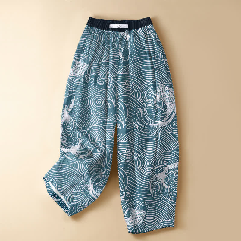 Buddha Stones Pure Cotton Ocean Wave Koi Fish Pattern Frog Button Women's Elastic Waist Harem Pants With Pockets - CadetBlue - US16，UK/AU20，EU48 (3XL) - image 7