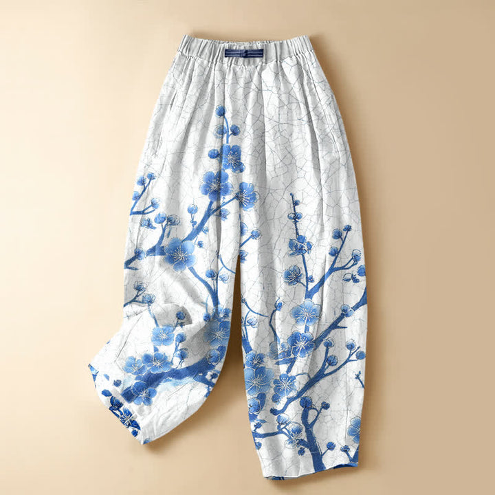 Buddha Stones Pure Cotton Plum Blossom Branch Pattern Frog Button Women's Elastic Waist Harem Pants With Pockets - Snow - US16，UK/AU20，EU48 (3XL) - image 0