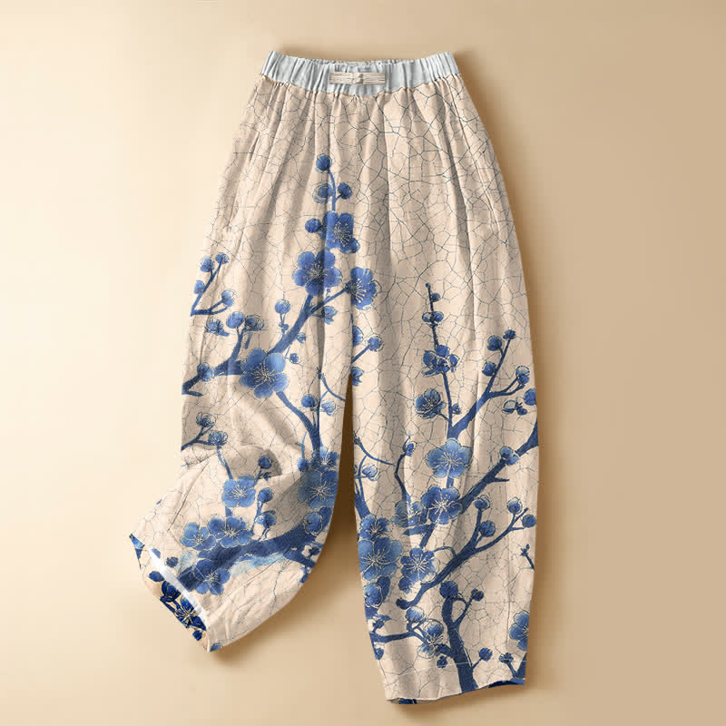 Buddha Stones Pure Cotton Plum Blossom Branch Pattern Frog Button Women's Elastic Waist Harem Pants With Pockets - PapayaWhip - US16，UK/AU20，EU48 (3XL) - image 5