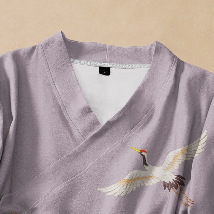 Buddha Stones Cotton Flying Crane Pattern Wrap V-Neck Lace-up Women's Long Sleeve Shirts Kimono - image 2