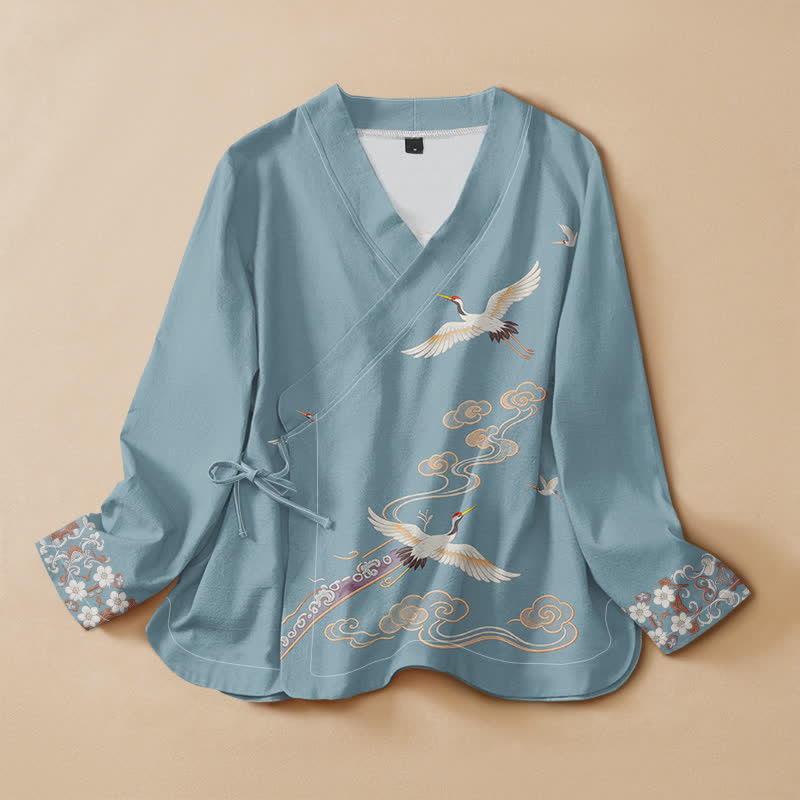 Buddha Stones Cotton Flying Crane Pattern Wrap V-Neck Lace-up Women's Long Sleeve Shirts Kimono - LightBlue - US16，UK/AU20，EU48 (3XL) - image 5