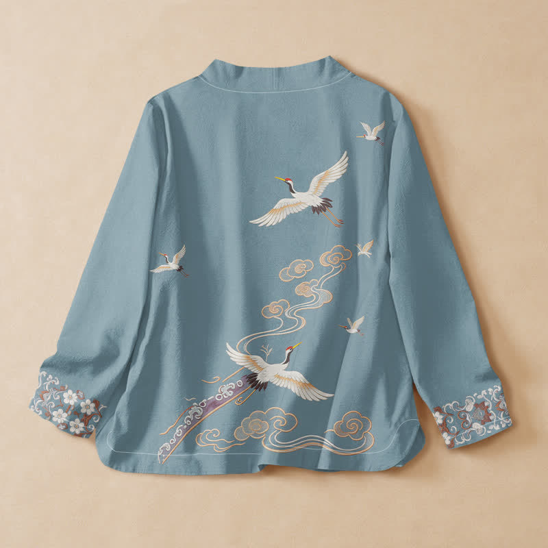 Buddha Stones Cotton Flying Crane Pattern Wrap V-Neck Lace-up Women's Long Sleeve Shirts Kimono - image 6