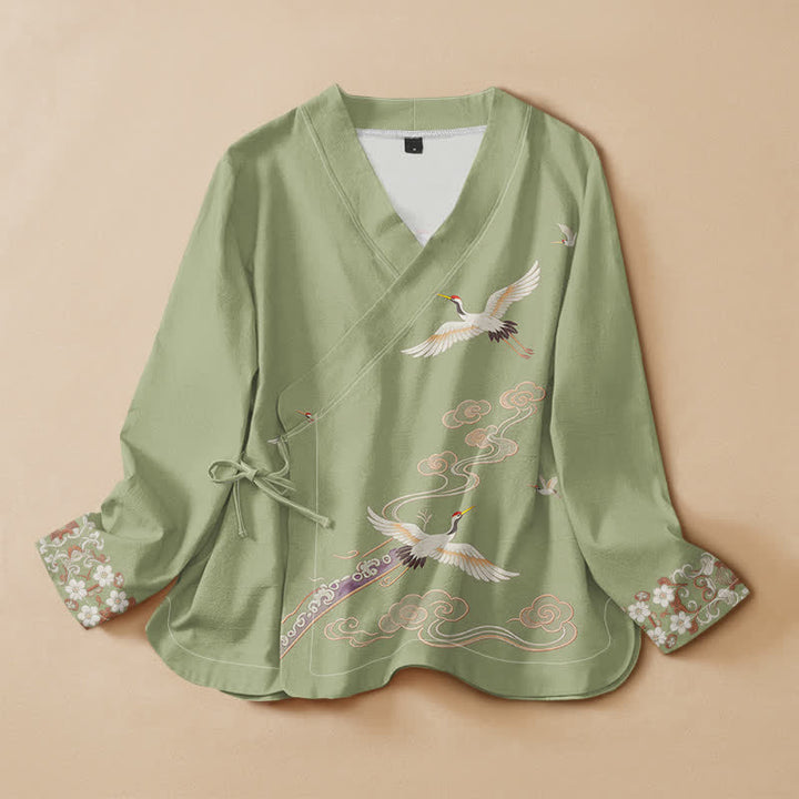 Buddha Stones Cotton Flying Crane Pattern Wrap V-Neck Lace-up Women's Long Sleeve Shirts Kimono - PaleGreen - US16，UK/AU20，EU48 (3XL) - image 7