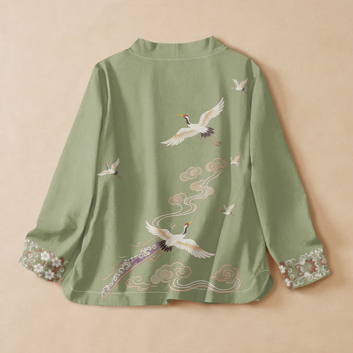 Buddha Stones Cotton Flying Crane Pattern Wrap V-Neck Lace-up Women's Long Sleeve Shirts Kimono - image 8