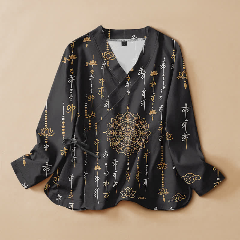 Buddha Stones Cotton Sacred Lotus Mandala Print Hanfu Style Wrap V-Neck Lace-up Women's Long Sleeve Shirts Kimono - Black - US16，UK/AU20，EU48 (3XL) - image 0