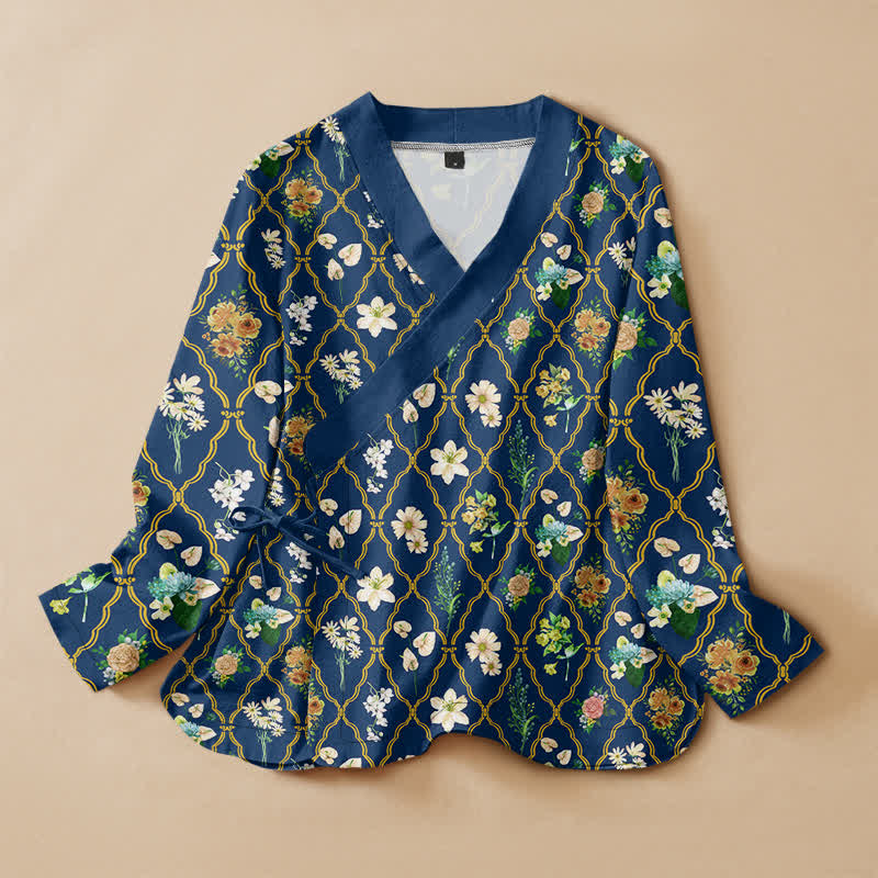 Buddha Stones Cotton Vintage Floral Vine Print Hanfu Style Wrap V-Neck Lace-up Women's Long Sleeve Shirts Kimono - Navy - US16，UK/AU20，EU48 (3XL) - image 0