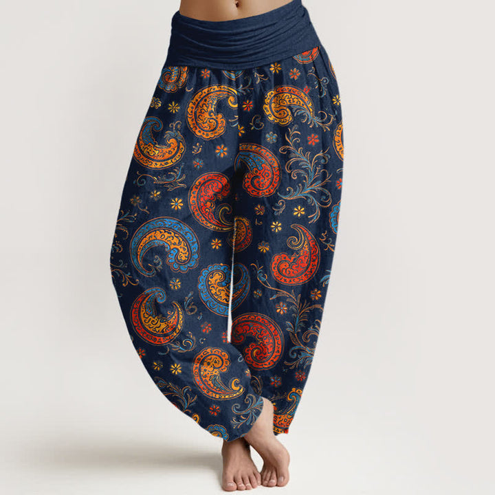 Buddha Stones Cotton Exotic Paisley Motif Pattern Women's Elastic Waist Harem Pants - MidnightBlue - US16，UK/AU20，EU48 (3XL) - image 0