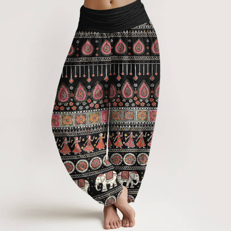 Buddha Stones Cotton Exotic Geometric Elephant Pattern Women's Elastic Waist Harem Pants - Black - US16，UK/AU20，EU48 (3XL) - image 0