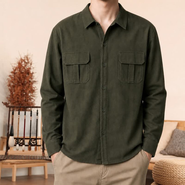 Buddha Stones Spring Casual Simple Solid Corduroy Men's Long Sleeve Shirts With Patch Pockets - DarkOliveGreen - US/UK/AU42, EU52 (3XL) - image 9