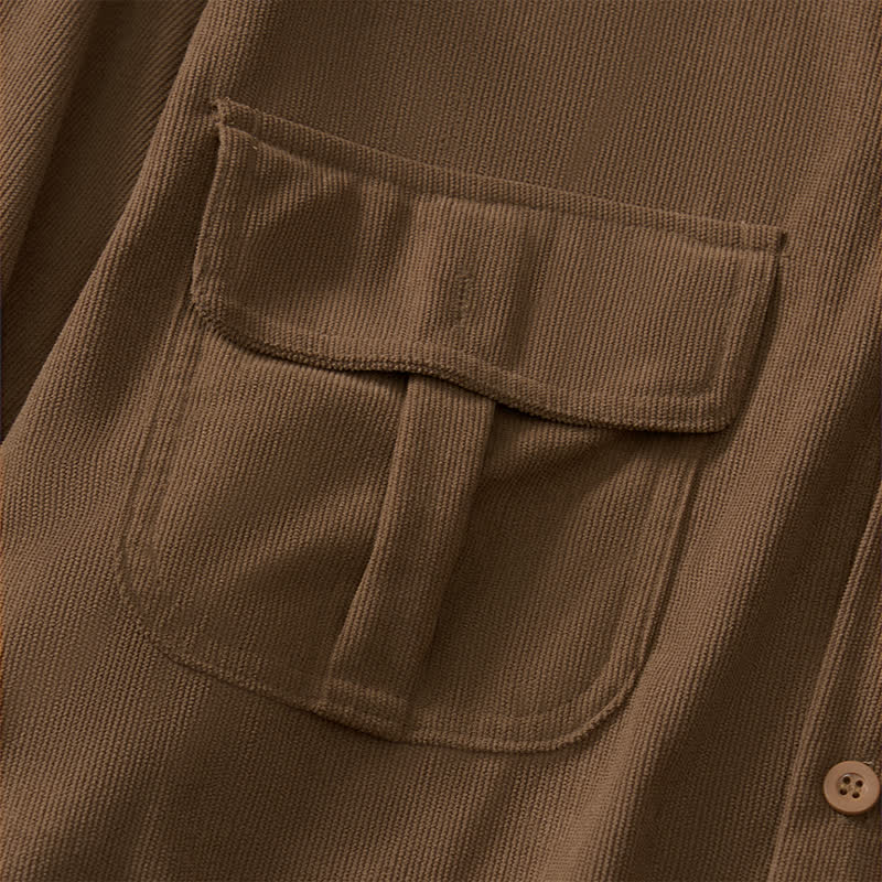 Buddha Stones Spring Casual Simple Solid Corduroy Men's Long Sleeve Shirts With Patch Pockets - image 5