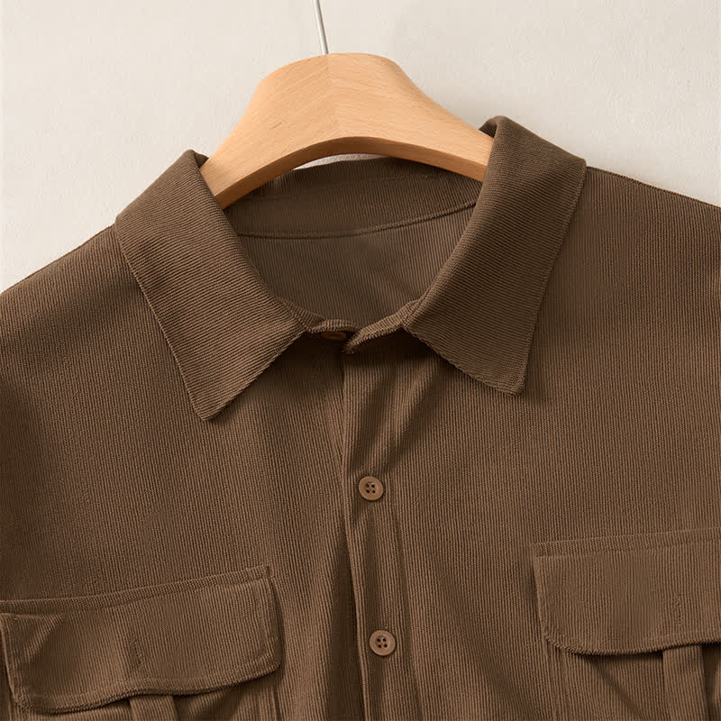Buddha Stones Spring Casual Simple Solid Corduroy Men's Long Sleeve Shirts With Patch Pockets - image 3