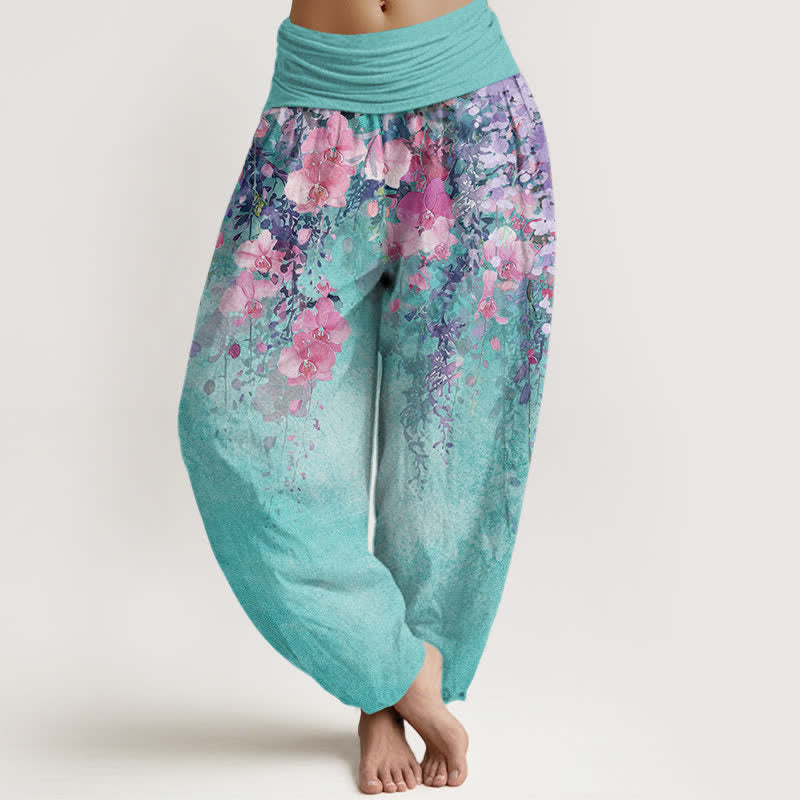 Buddha Stones Cotton Artistic Garden Bloom Pattern Women's Elastic Waist Harem Pants - MediumTurquoise - US16，UK/AU20，EU48 (3XL) - image 0