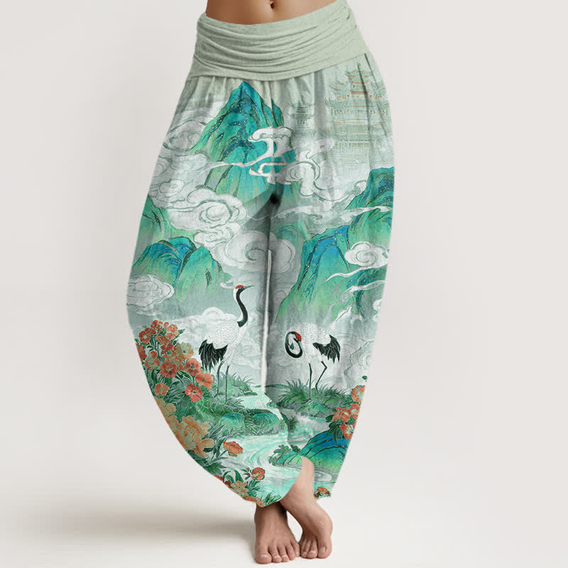 Buddha Stones Cotton Crane Stream Flower Pattern Women's Elastic Waist Harem Pants - DarkSeaGreen - US16，UK/AU20，EU48 (3XL) - image 8