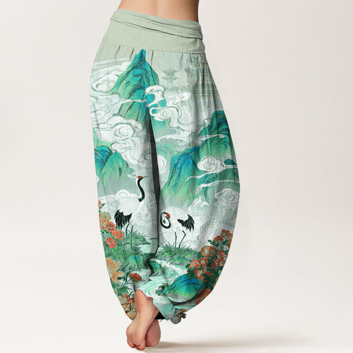 Buddha Stones Cotton Crane Stream Flower Pattern Women's Elastic Waist Harem Pants - image 9