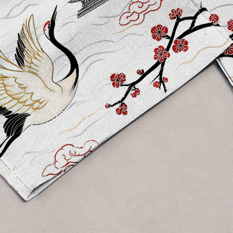 Buddha Stones Pure Cotton Serene Mountain Crane Pattern Women's Elastic Waist Pants With Pockets - image 1