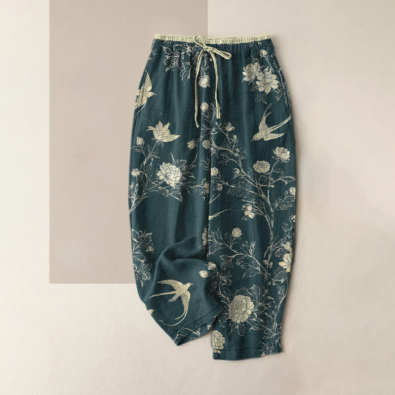 Buddha Stones Pure Cotton Botanical Bloom Bird Pattern Women's Elastic Waist Pants With Pockets - DarkCyan - US16，UK/AU20，EU48 (3XL) - image 4