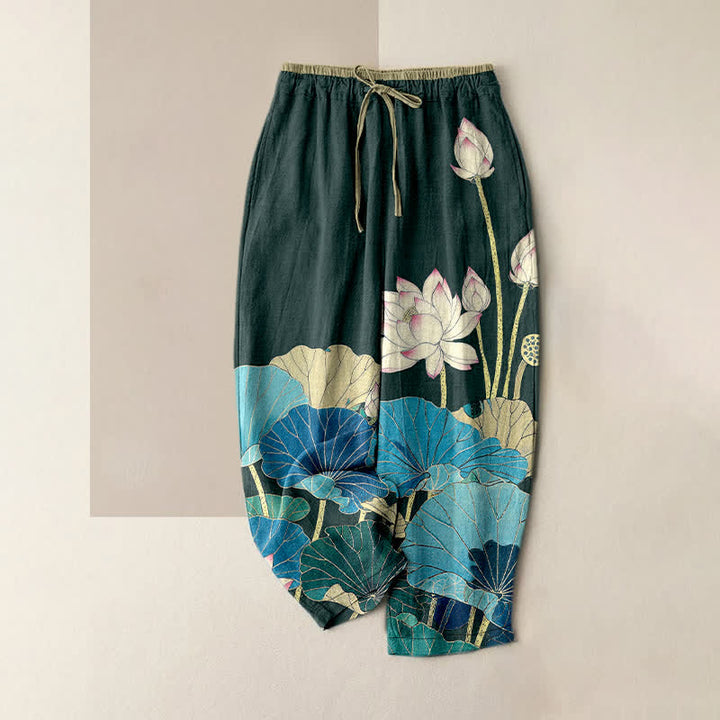 Buddha Stones Pure Cotton Serene Lotus Bloom Pattern Women's Elastic Waist Pants With Pockets -  	Teal  - US16，UK/AU20，EU48 (3XL) - image 0