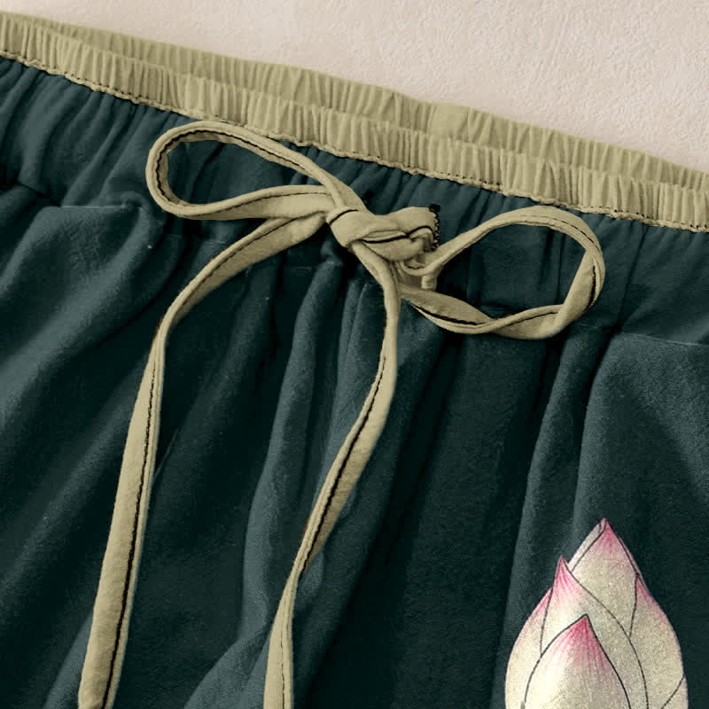 Buddha Stones Pure Cotton Serene Lotus Bloom Pattern Women's Elastic Waist Pants With Pockets - image 1