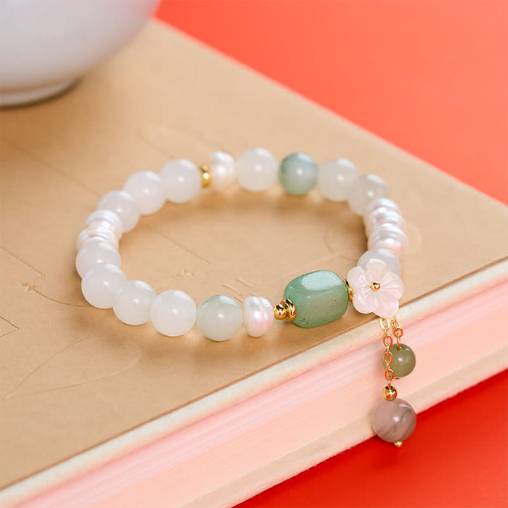 Buddha Stones Freshwater Pearl Green Agate Flower Charm Purity Elastic Bracelet - image 2