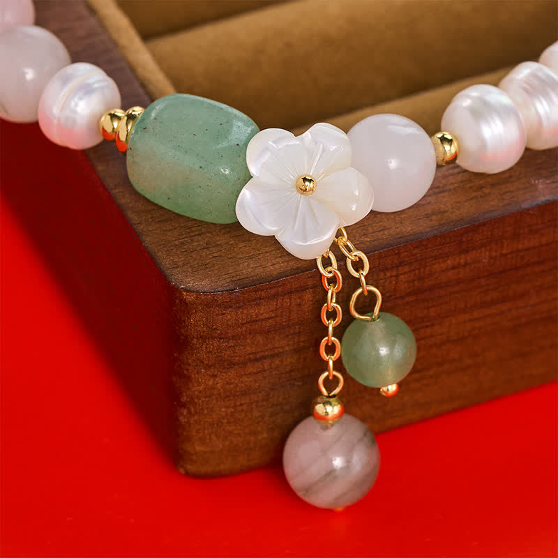 Buddha Stones Freshwater Pearl Green Agate Flower Charm Purity Elastic Bracelet - image 9
