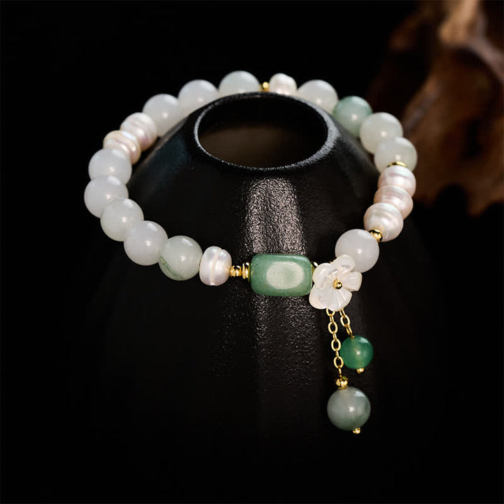 Buddha Stones Freshwater Pearl Green Agate Flower Charm Purity Elastic Bracelet - image 1