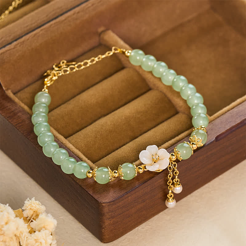 Buddha Stones Copper Hetian Jade Inspired Luck Flower Pearl Charm Bracelet - image 1