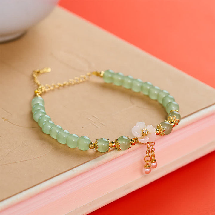 Buddha Stones Copper Hetian Jade Inspired Luck Flower Pearl Charm Bracelet - image 2